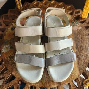 ECCO White.  Silver & Tan Sandals w/All Straps Adjustable